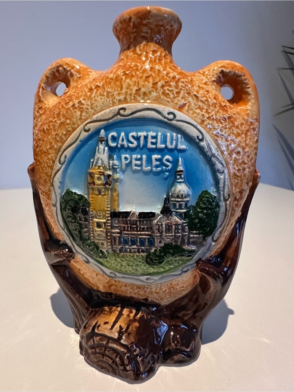 Ceramic Souvenir Vase/Bottle with Peles Castle Romanian souvenir